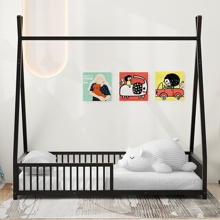 Metal House Platform Bed with Triangle Structure and Guardrail