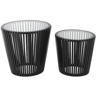 Wood Cage Inspired Accent Table with Clear Glass Tabletop - Set of 2 Black - Roche River Decor