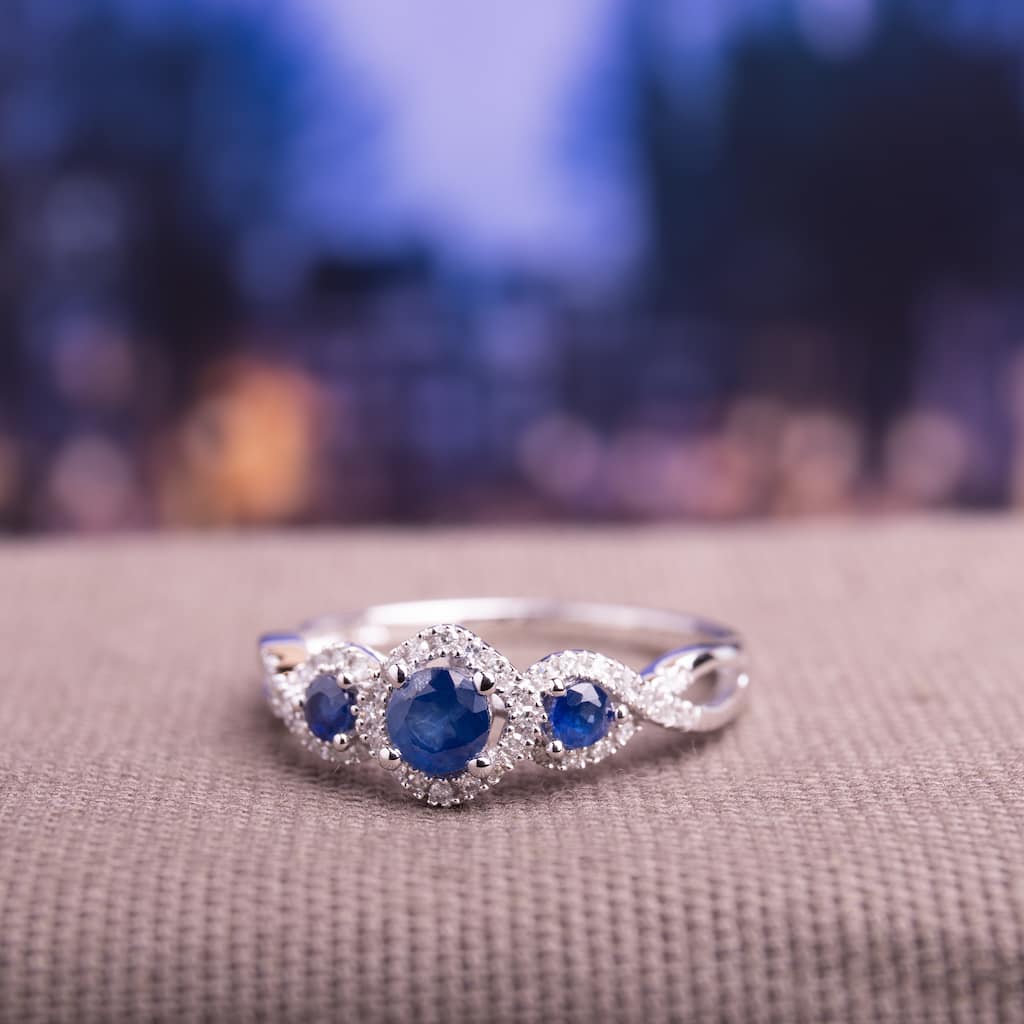 Sapphire and 1/8ct TDW Diamond 3-stone Infinity Engagement Ring in 10k White Gold by Miadora