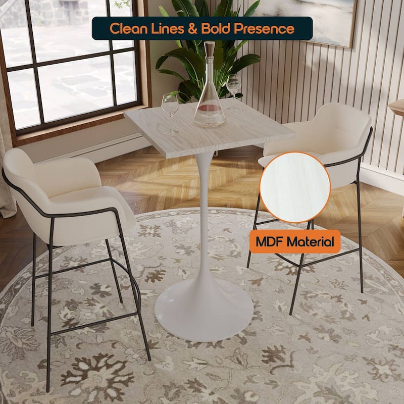 Verve 43 in. Tall Bar Height Dining Table Square MDF Wood Tabletop in White Stainless Steel Pedestal Base Accent Bar Table