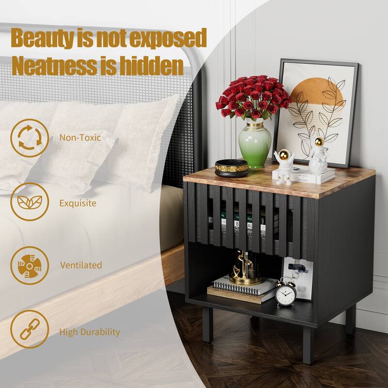 Modern Wooden Nightstand Set of 2，Storage Cabinet with Slatted Drawer Decoration and Shelves, End Tables Bedroom with Metal Legs