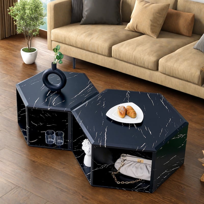 MDF Hexagonal Coffee Table Set with Grid Storage, and Modern Minimalist Design - Black