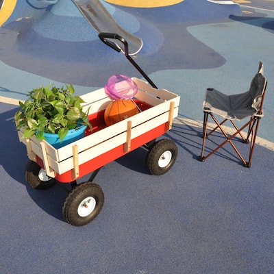 Outdoor Wagon, Wood Railing Garden Cart with 10" Pneumatic Tires