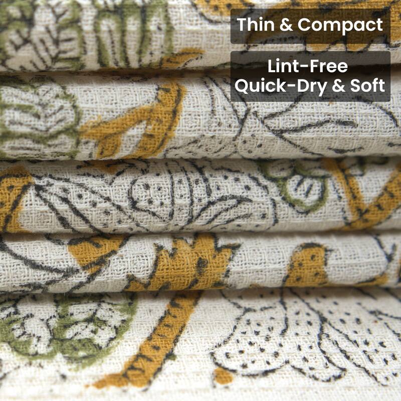 Fabdivine Handmade Block Print Floral Waffle Weave Kitchen 100% Cotton 17x32 Inch Hand Towel - Set of 10 - Aakashganga- Yellow, Green, Black