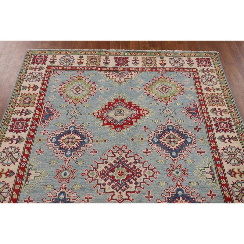 Light Blue Geometric Kazak Rug Handmade Oriental Wool Carpet - 5'0" x 6'11"