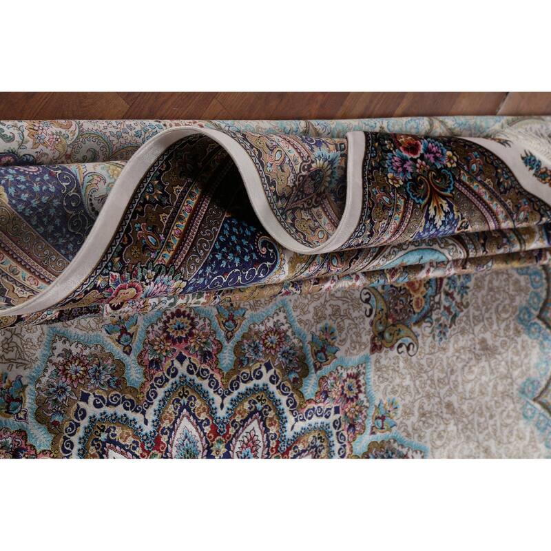Victorian Style Qum Turkish Area Rug Beige Machine Made Carpet - 7'8" x 11'1"