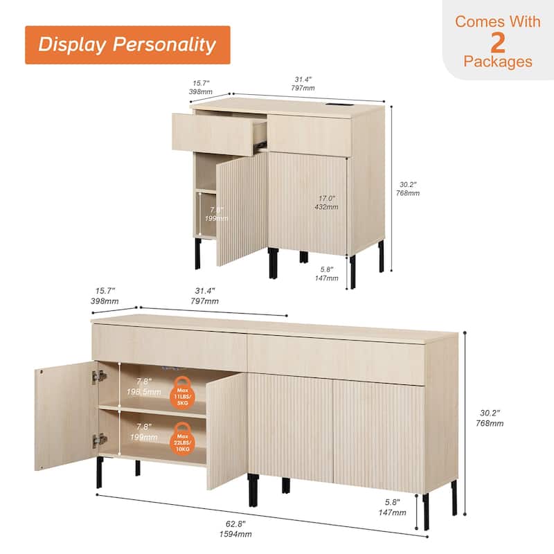 4 Pcs Bedroom Set，Reeded Dresser and Nightstand Sets for Bedroom, Night Stand of 2 with Charging Station