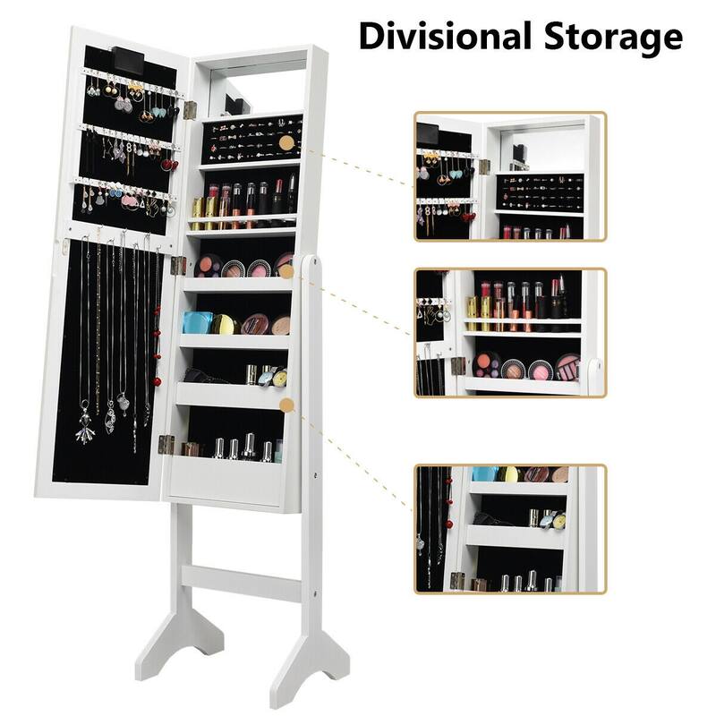 LED-Lighted Standing Jewelry Armoire Storage Cabinet with Full Length Mirror - 14" x 12.5" x 57" (L x W x H)