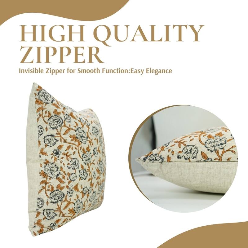 Fabdivine Handmade Dark Blue Block Print Cushion Cover Floral Linen for Living Room Sofa Chair Hotel, Home Decoration, Gopi