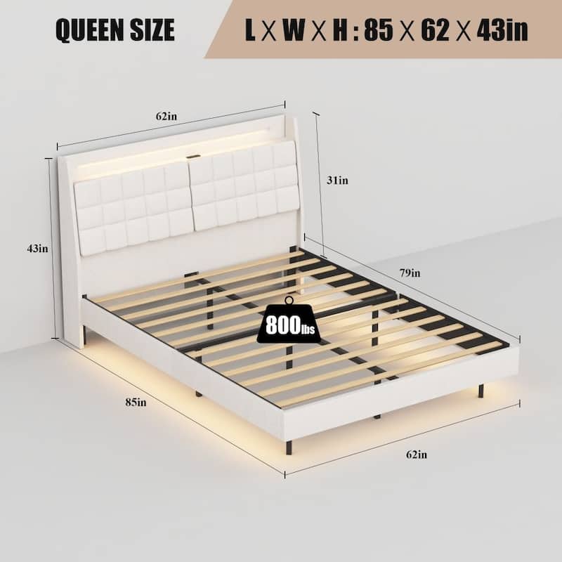 Floating Bed Frame with LED Light and Charging Station Upholstered Platform Bed
