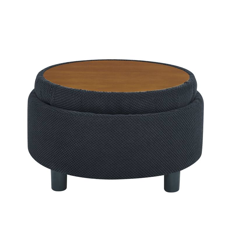 Round Storage Ottoman with Lift-Off Tray and Upholstered Fabric