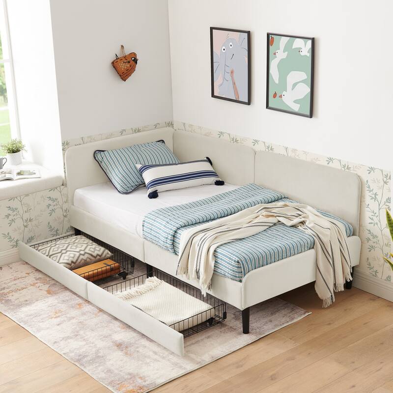 Twin Size Upholstered Platform Bed Frame With 2 Storage Drawers, Adjustable Velvet Sofa Bed
