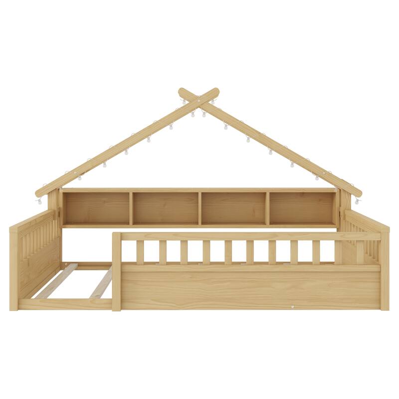House-shaped Daybed Kids Wood House Bed Montessori Toddler Floor Bed with Roof Shape Storage Bookshelves and Light