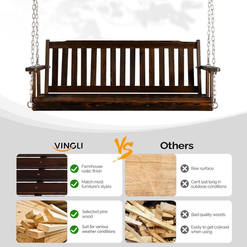 VINGLI Upgraded Heavy Duty 880 LBS 4 FT Patio Wooden Porch Swing Solid Fir Wood, Outdoor Handing Swing Bench for Garden