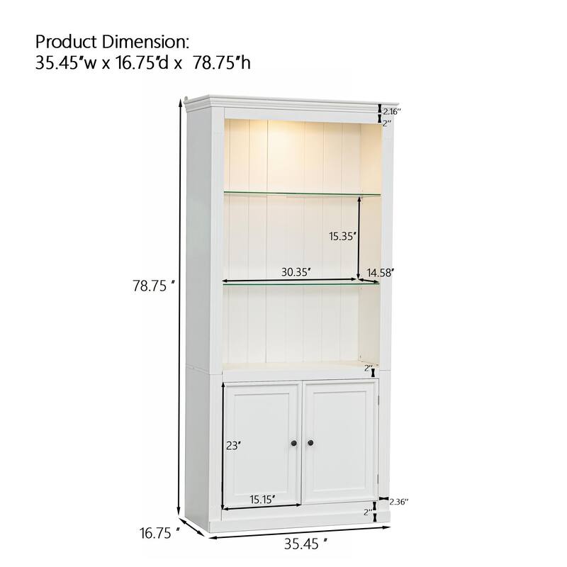 78.75"H 4-Tier Display Shelf,with Dimmable Ceiling Light,Freestanding Bookcases with Storage & Doors,Adjustable Glass Shelves