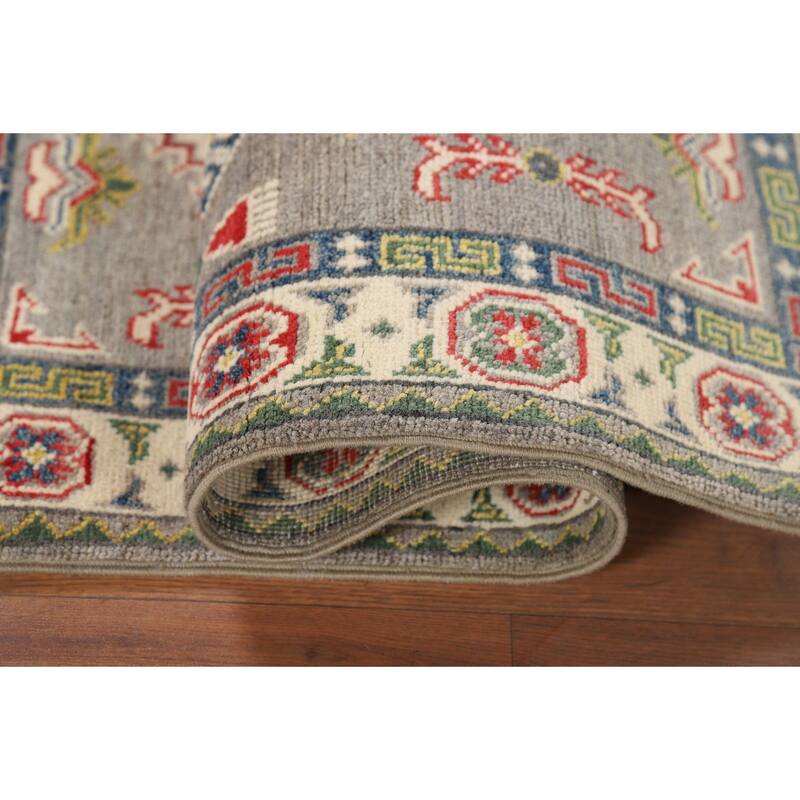 Gray Geometric Kazak Foyer Rug Hand-Knotted Oriental Wool Carpet - 2'8" x 4'1"