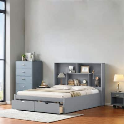 Queen Size Platform Bed with Storage Headboard and 2 Drawers