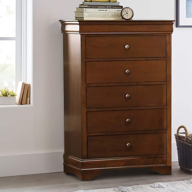 Transitional Style Wooden Chest With 5 Drawers, Cherry Brown