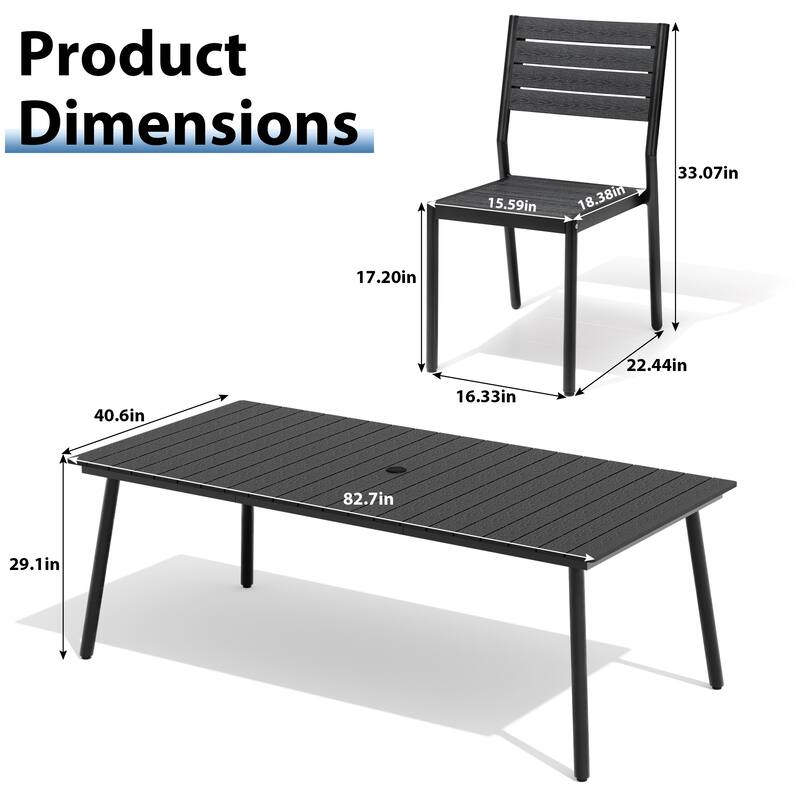 9-Piece Outdoor Patio Dining Set Wood-Like Table Top Alumium Umbrella Hole Table with Stackable Armless Chairs