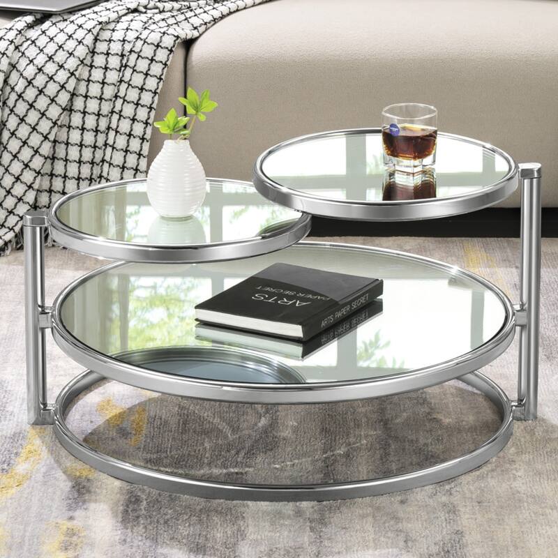 Round Tempered Glass Coffee Table with 3 Tiers 360 Degrees Rotating Top - Silver