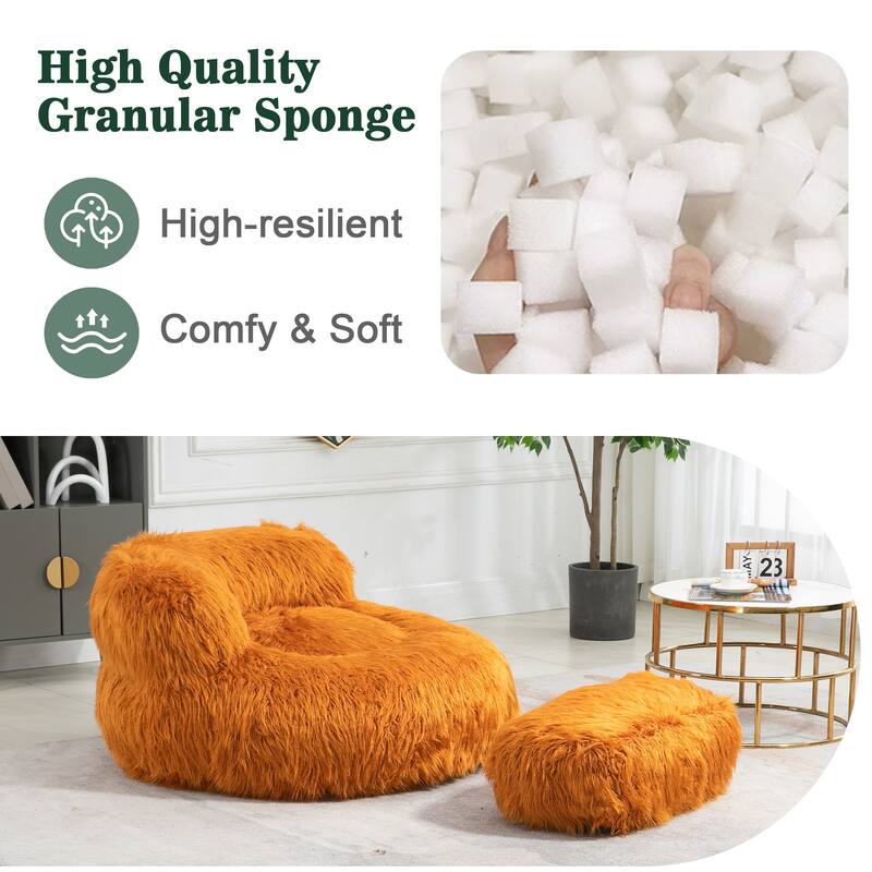 Plush Upholstered Round Comfort Lounger Bean Bag Chair with Ottoman