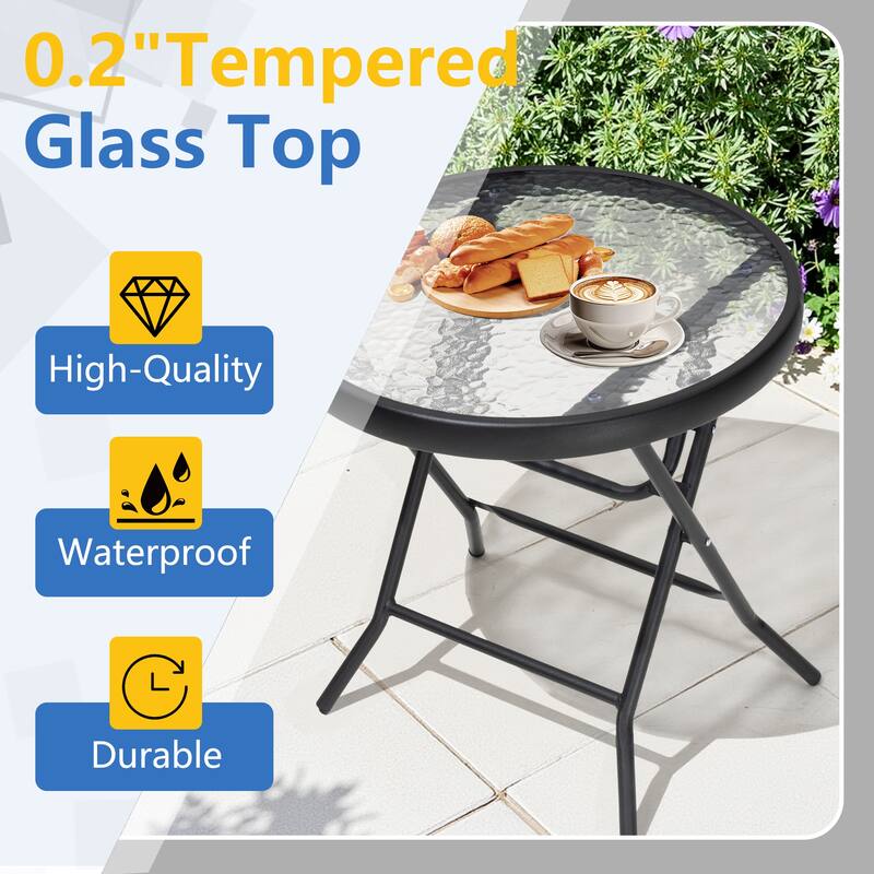 Outdoor Patio Folding Round Table Tempered Glass Top