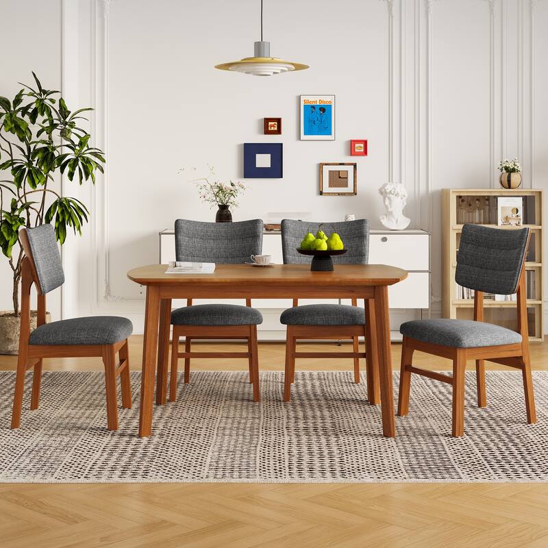 Farmhouse 5-Piece Dining Table Set, Rubberwood Table & 4 Upholstered Chairs Set, Space-Saving Dining Room Dining Set