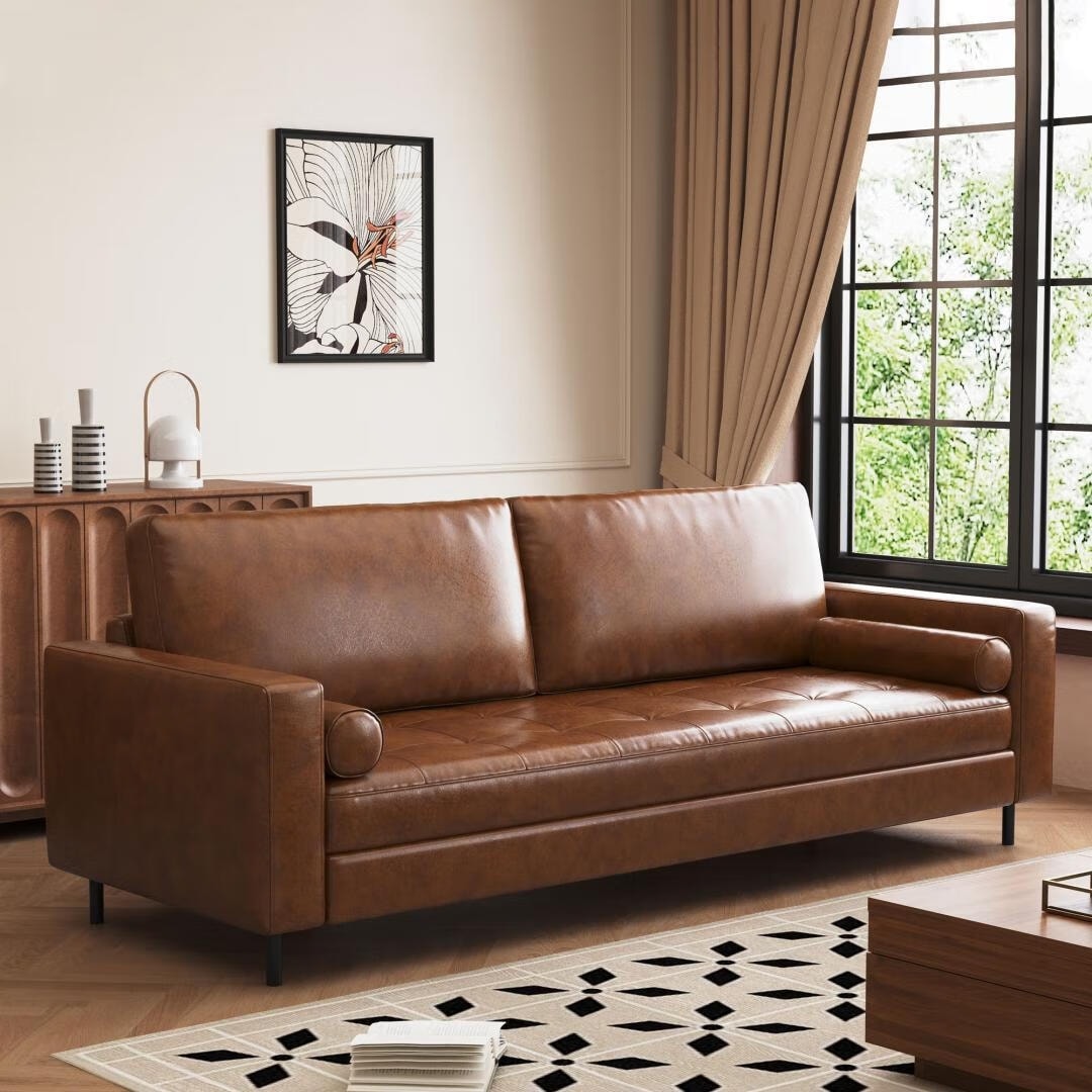 Mid-Century Modern Brown Faux Leather Sofa – 3-Seater Upholstered Couch with Bolster Pillows, Tufted Seat, and Solid Wood Frame