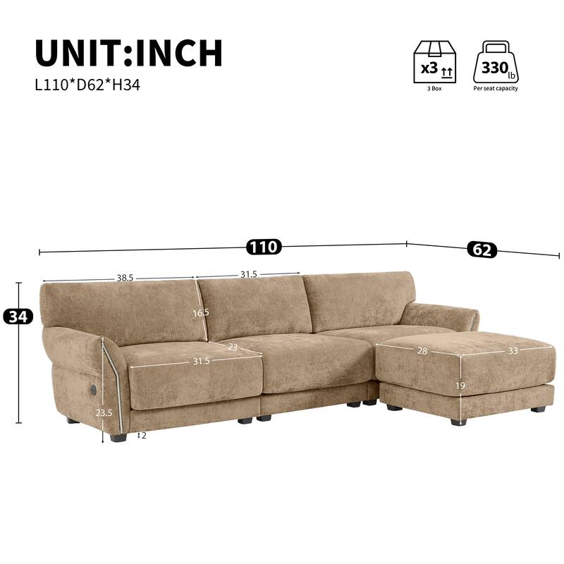 Modular Sectional Sofa Set with Petal Armrest Design External USB and Type-C Charger, Movable Ottoman, Chenille