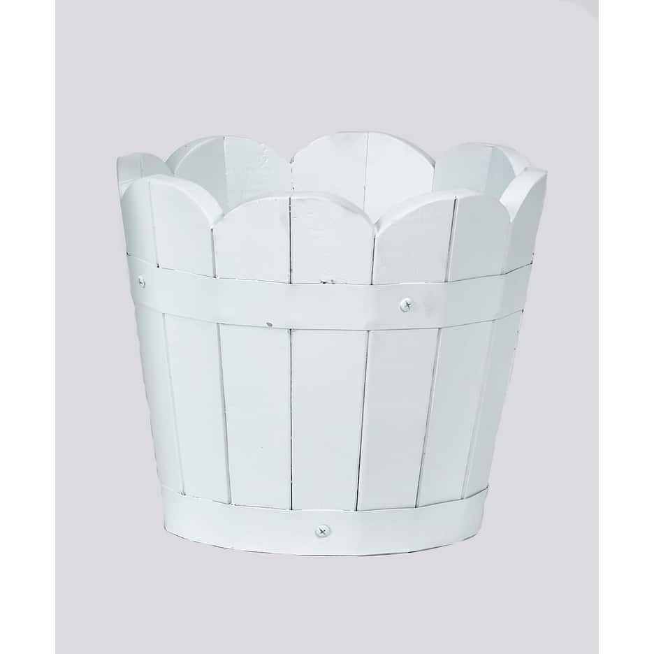 8" White Scallopped Acacia Wood Barrel Planter - 8
