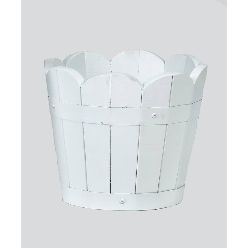 8" White Scallopped Acacia Wood Barrel Planter - 8
