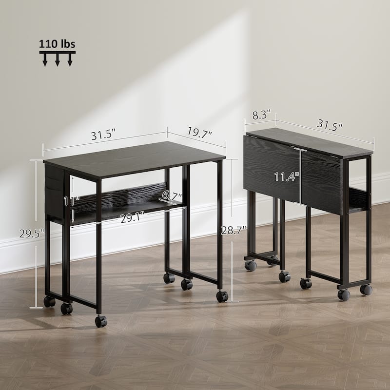 Mobile Foldable Desk with Storage Shelf and Drop-Leaf Design for Narrow Spaces and Home or Office