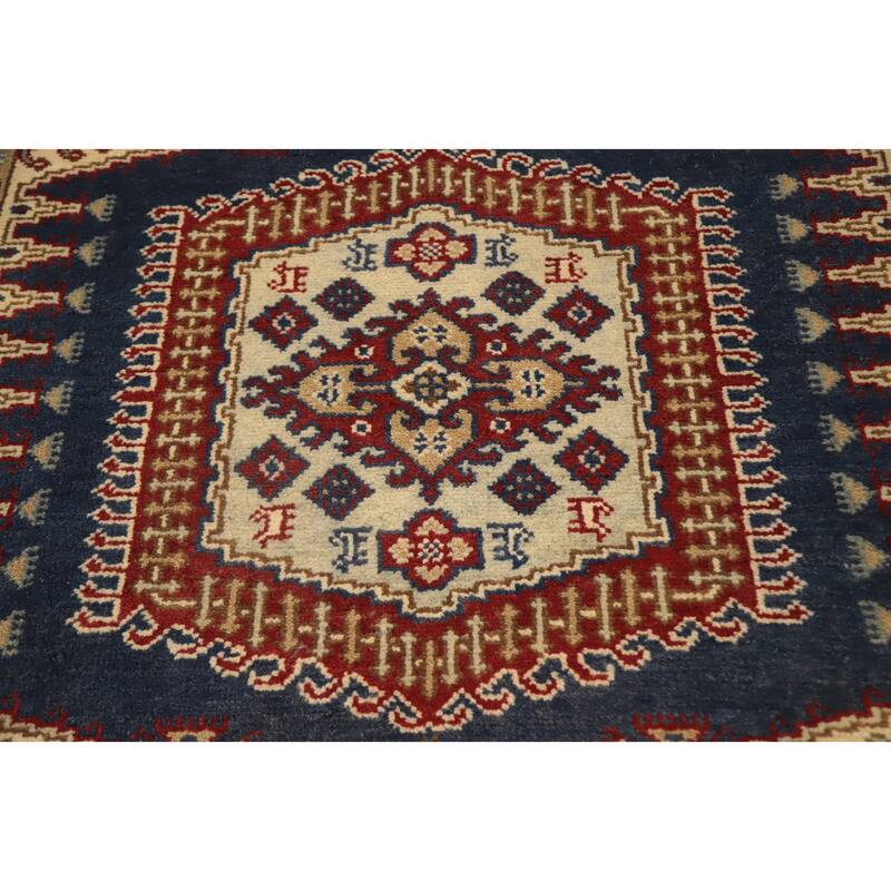 Hand Knotted Oriental 100% Wool Carpet Traditional Geometric Navy Blue & Blues Viss Area Rug - 8' 10'' X 5' 11''