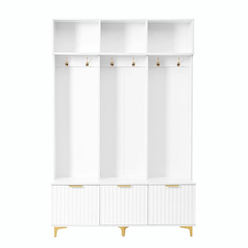 Modern Storage Hall Tree with Bench - Glossy Doors, 6 Gold Hooks
