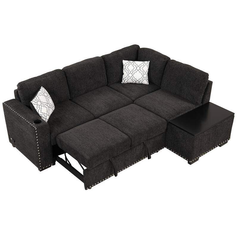 83.8" L-Shaped 4-Seat Sofa with Pull-Out Bed & Storage