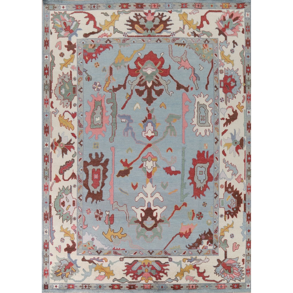 Light Blue Oushak Rug Hand-Knotted Oriental Wool Carpet - 9'2"x 11'8"