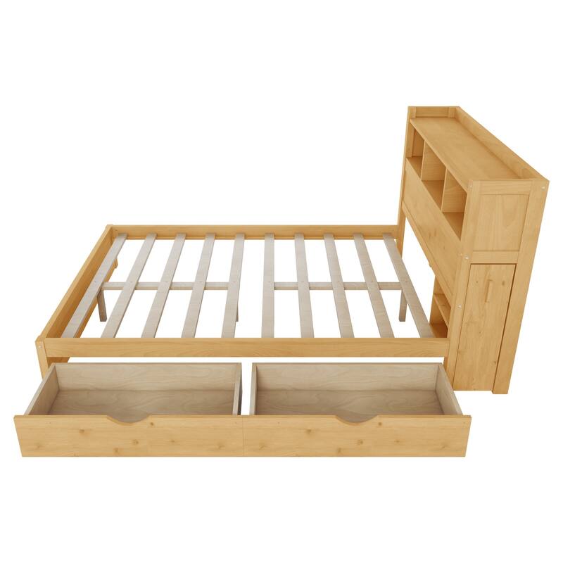 Full Size Bed with Drawers, Wood Full Bed with Storage Headboard and Pull Out Storage Cabinet, Wood Bed with Light and Socket
