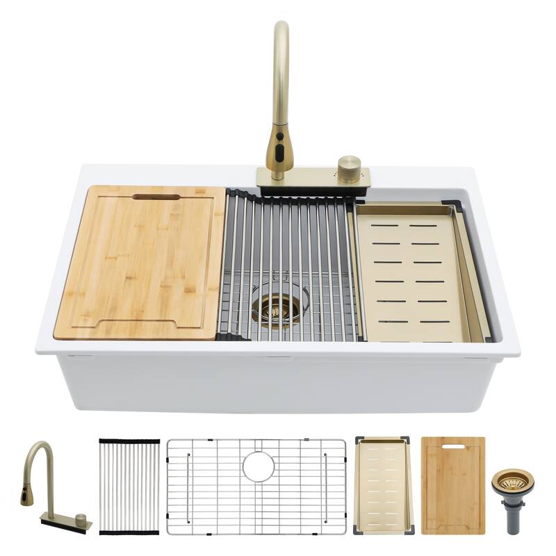 33" Drop-In Single Bowl Quartz Kitchen Sink with Pull-Out Faucet - 33'' x 22'' x 10''