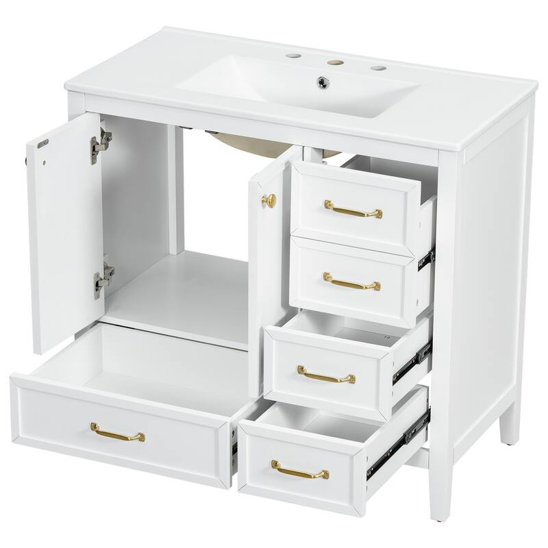 36" Bathroom Vanity with Sink, Bathroom Cabinet with Soft-Closing Door, 4 Drawers of Different Sizes, Solid Wood Frame and Leg