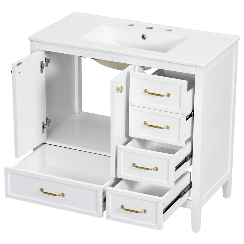 Roomfitters Bathroom Vanity with Sink, Cabinet with Soft-closing Door and Four Drawers of Varying Sizes, Solid Wood Frame
