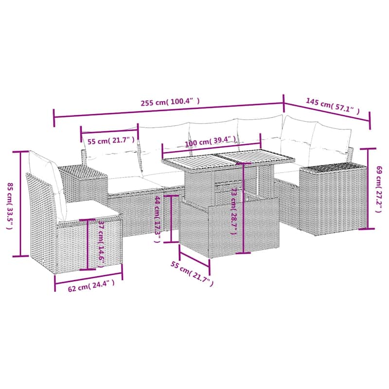vidaXL Patio Sofa Set with Cushions Outdoor Furniture 7 Piece Poly Rattan - 24.4 x 24.4 x 27.2