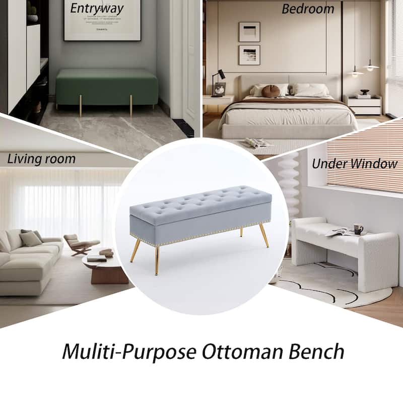 Velvet Storage Ottoman Bench with gold legs and Nailhead Trim for Bedroom/End of Bed/Entryway/Window