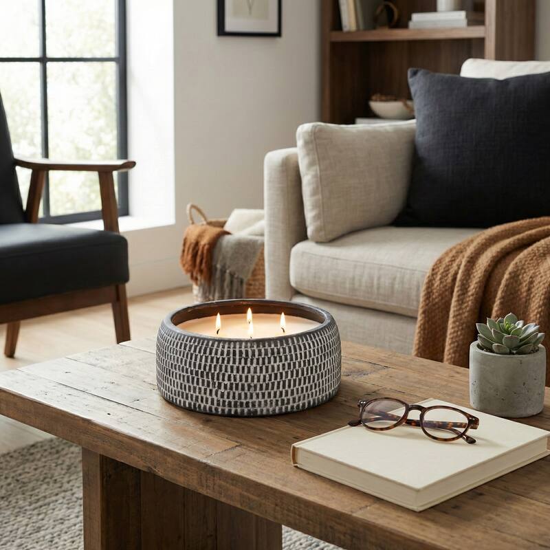 Decorative Textured Ceramic Neroli and Basil Scented Candle