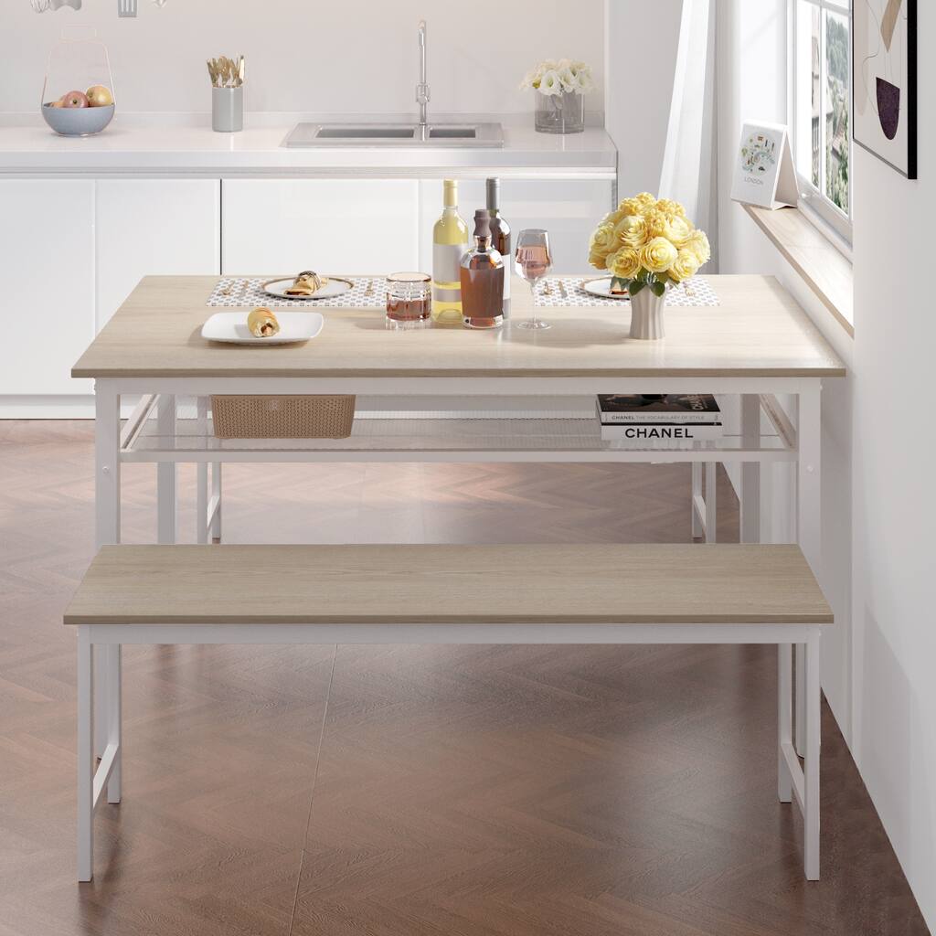 3-Pieces Metal Frame Dining Room Table Set with Two Benches