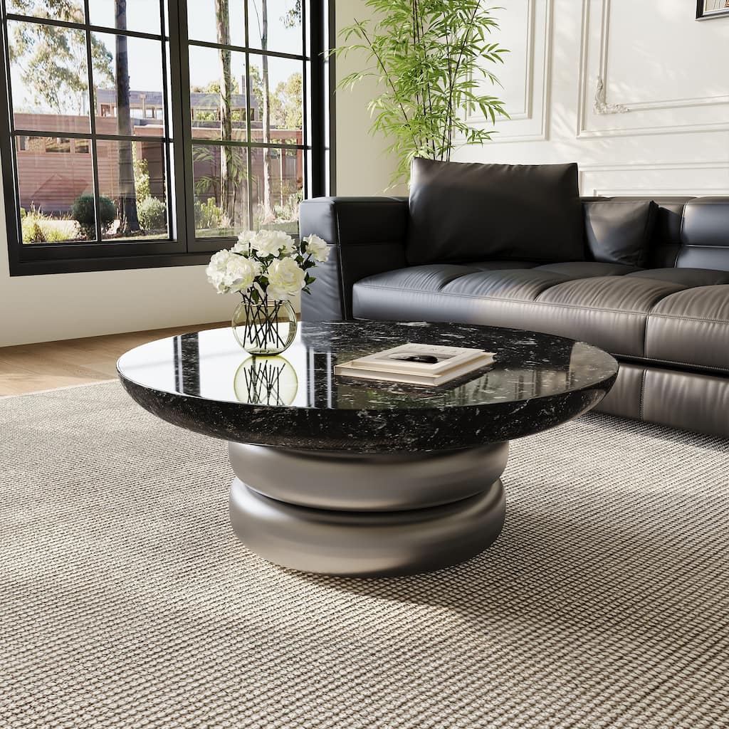 35.43" Round Coffee Table, Black Faux Marble table top, Silver Wood Base