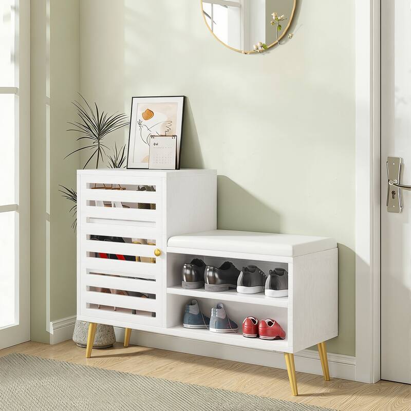 Javlergo L-Shaped Entryway Bench with Shoe Storage PU Cushion & Magnetic Shutter Door Hall Bench with Gold Legs for Living Room - White