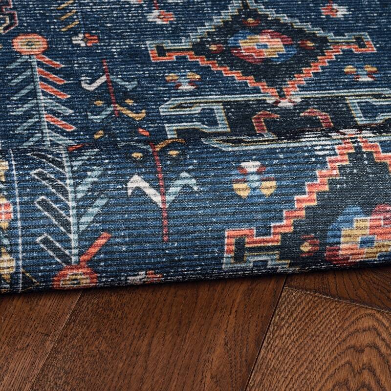 Larson Machine Washable Teal & Ivory Area Rug
