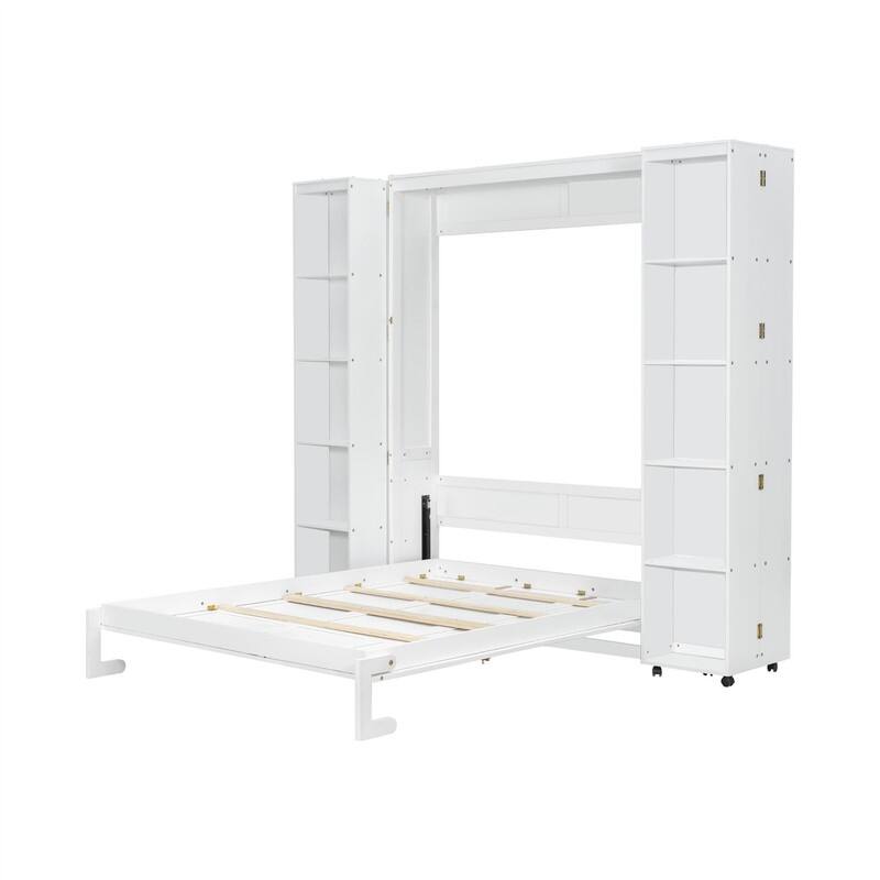 Queen Size Murphy Bed Wall Bed with Storage Doors, Foldable Space Saving Murphy Cabinet Bed with Storage Shelves
