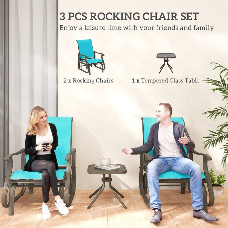 Three Piece Outdoor Gliding Patio Set with Two Chairs and Square Tea Table Powder Coated Steel and Mesh Fabric