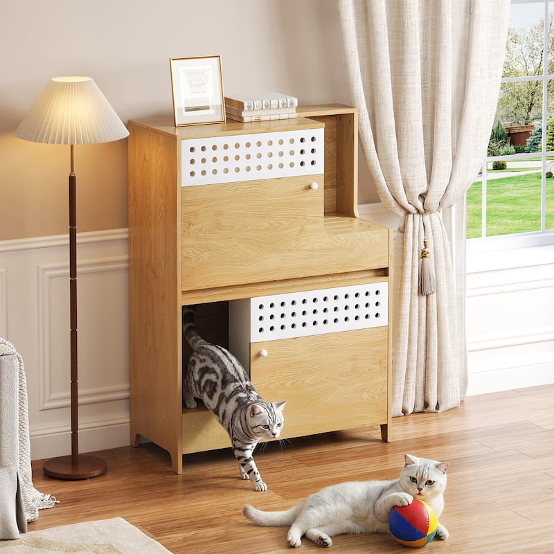 Roomfitters Modern Cat Furniture Litter Box Enclosure Side Table, Hidden Cat House with Storage Cabinet for Home Use - Natural